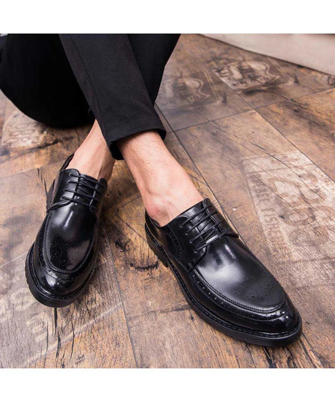 Black retro brogue leather derby dress shoe 1753