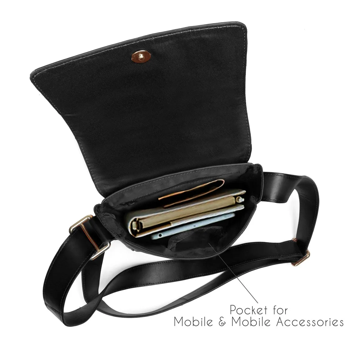 Black Sling Bag With Flap-Over Multi Compartment