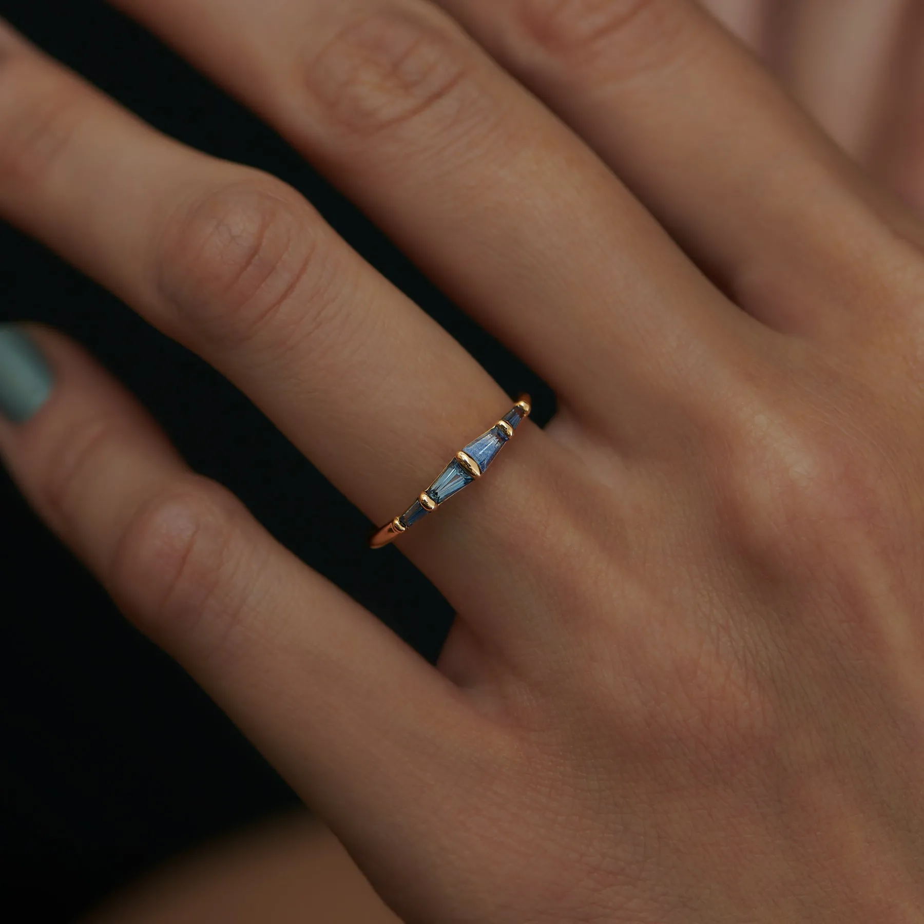 Blue Sapphire Tapered Baguette Gold Bar Ring