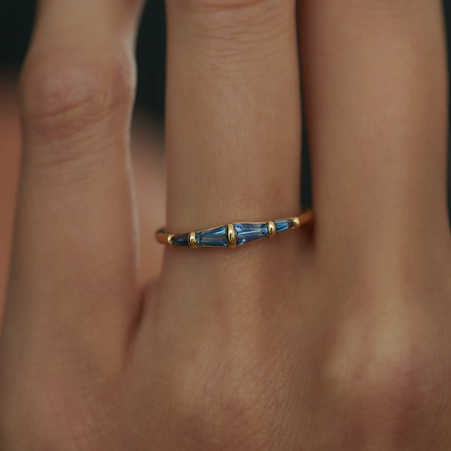 Blue Sapphire Tapered Baguette Gold Bar Ring