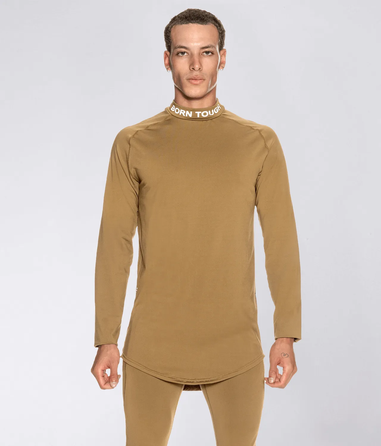 Born Tough Mock Neck Long Sleeve Base Layer Crossfit Shirt For Men Khaki