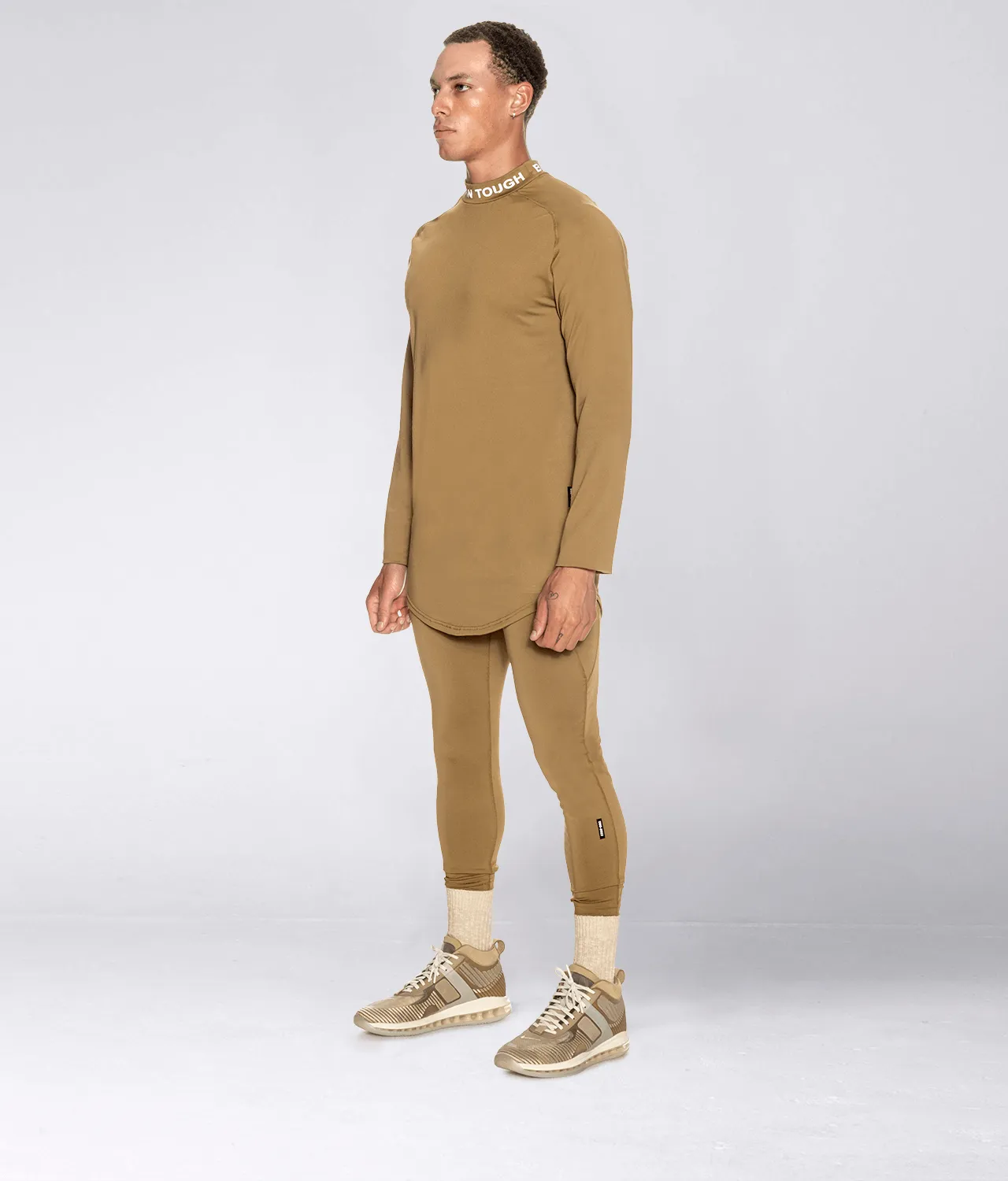 Born Tough Mock Neck Long Sleeve Base Layer Crossfit Shirt For Men Khaki