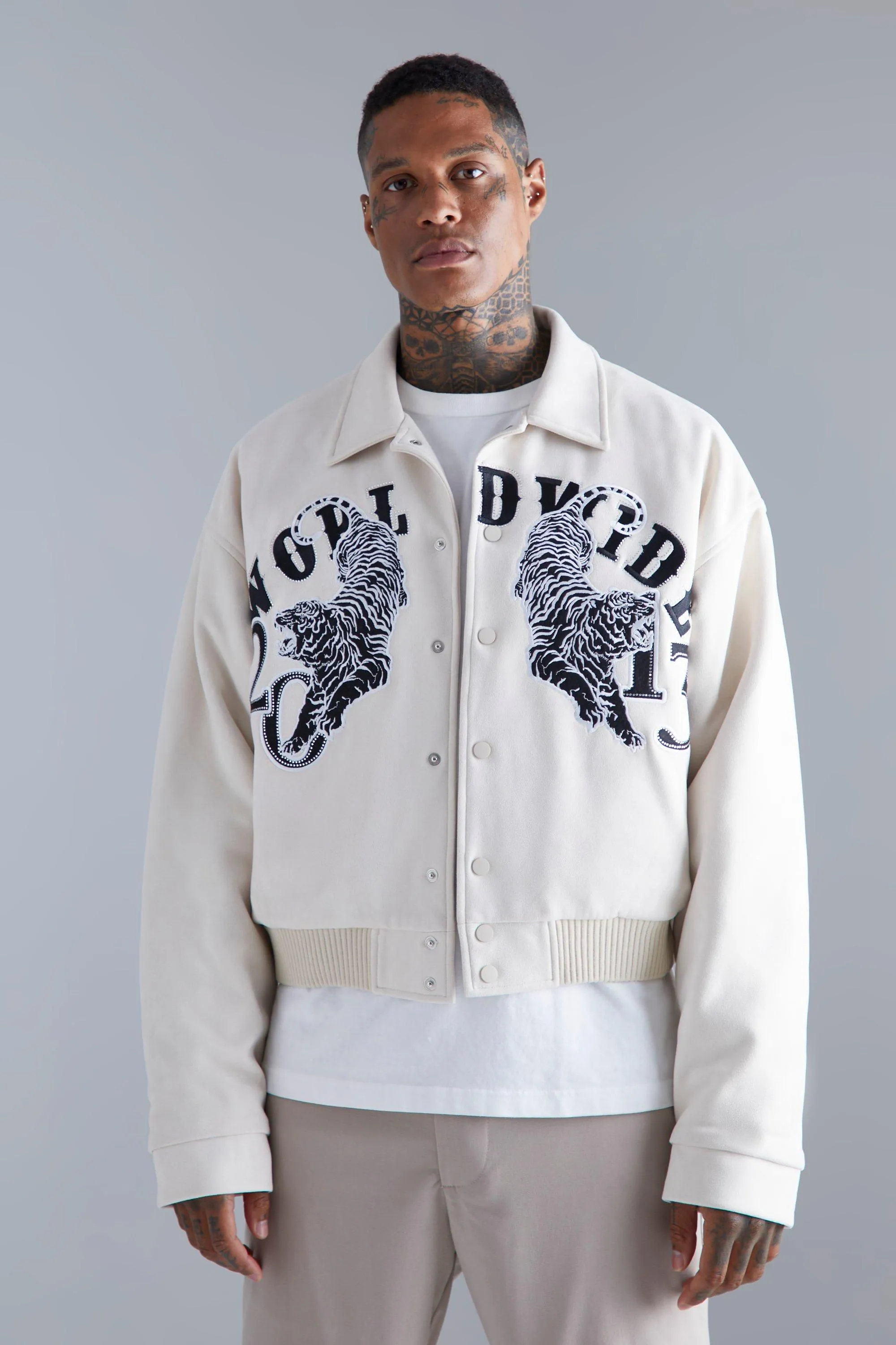 Boxy Suede Embroidered Varsity Jacket