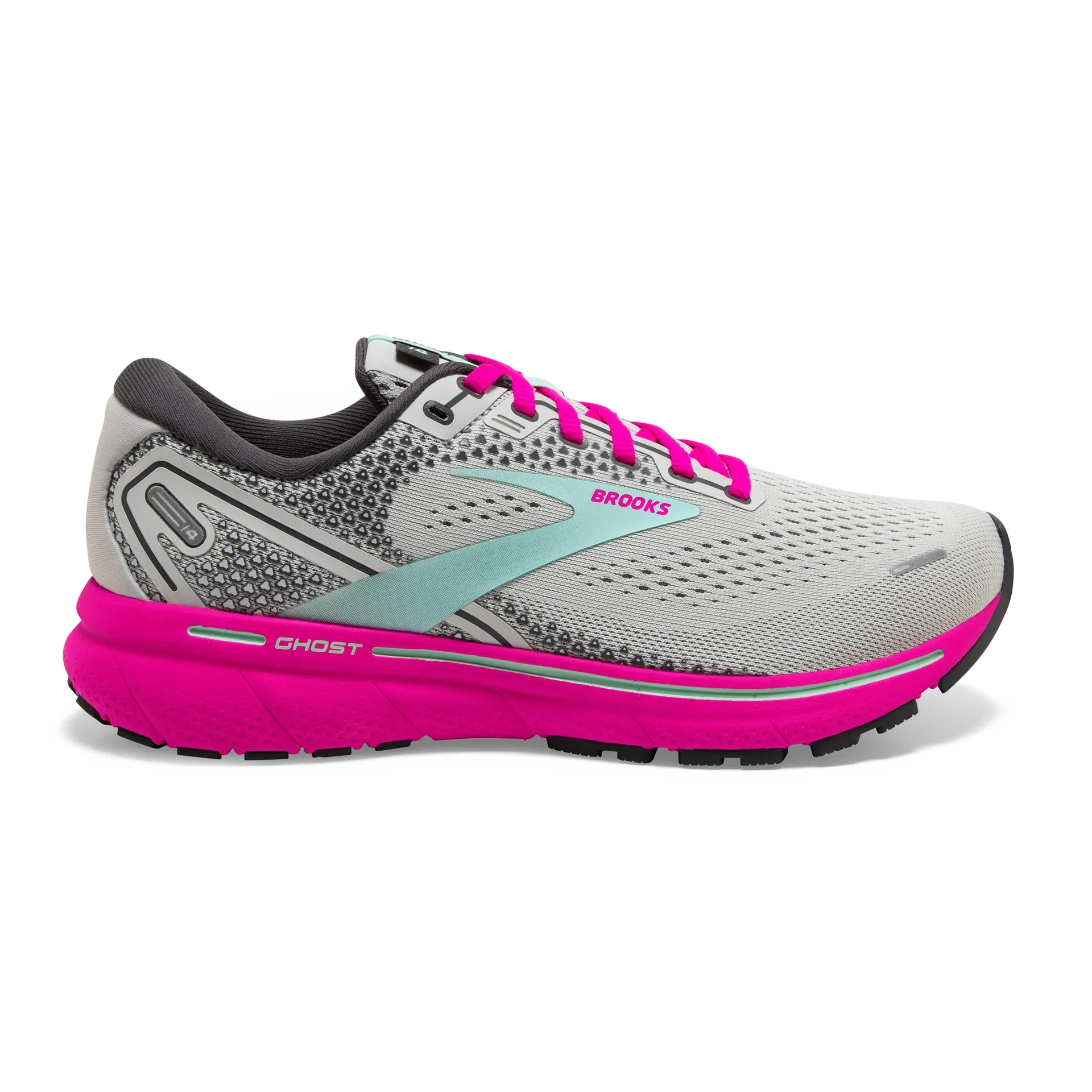 Brooks Womens Ghost 14 Lightweight Athletic Shoe- Oyster/Yucca/Pink