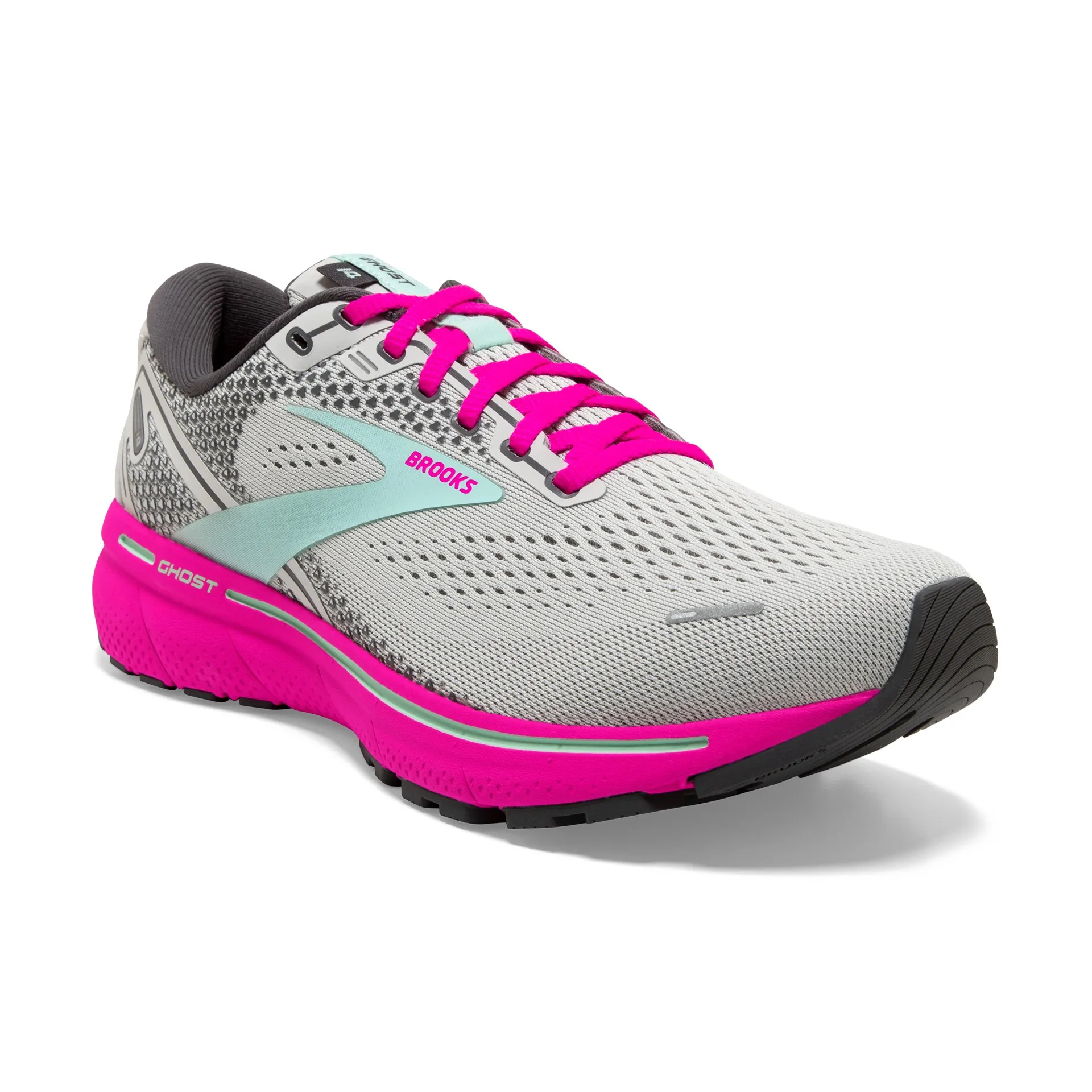 Brooks Womens Ghost 14 Lightweight Athletic Shoe- Oyster/Yucca/Pink