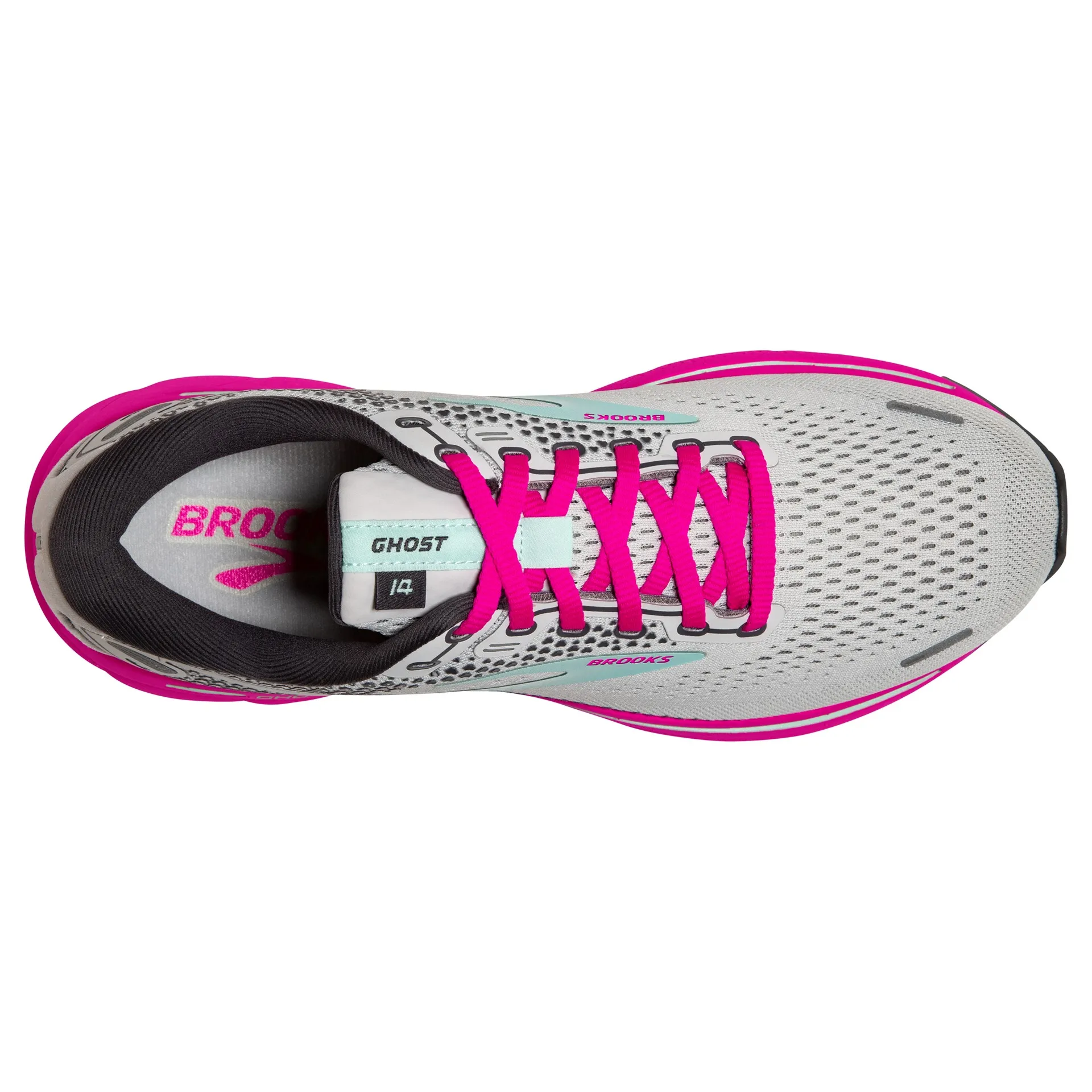 Brooks Womens Ghost 14 Lightweight Athletic Shoe- Oyster/Yucca/Pink