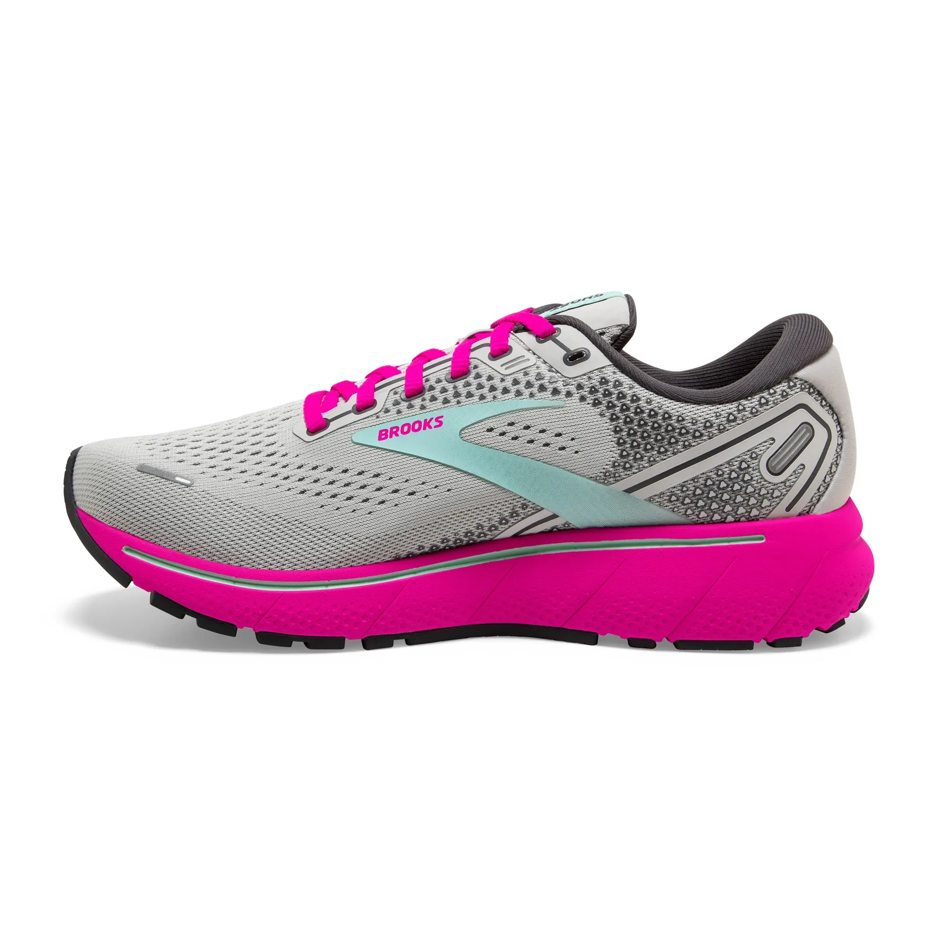 Brooks Womens Ghost 14 Lightweight Athletic Shoe- Oyster/Yucca/Pink