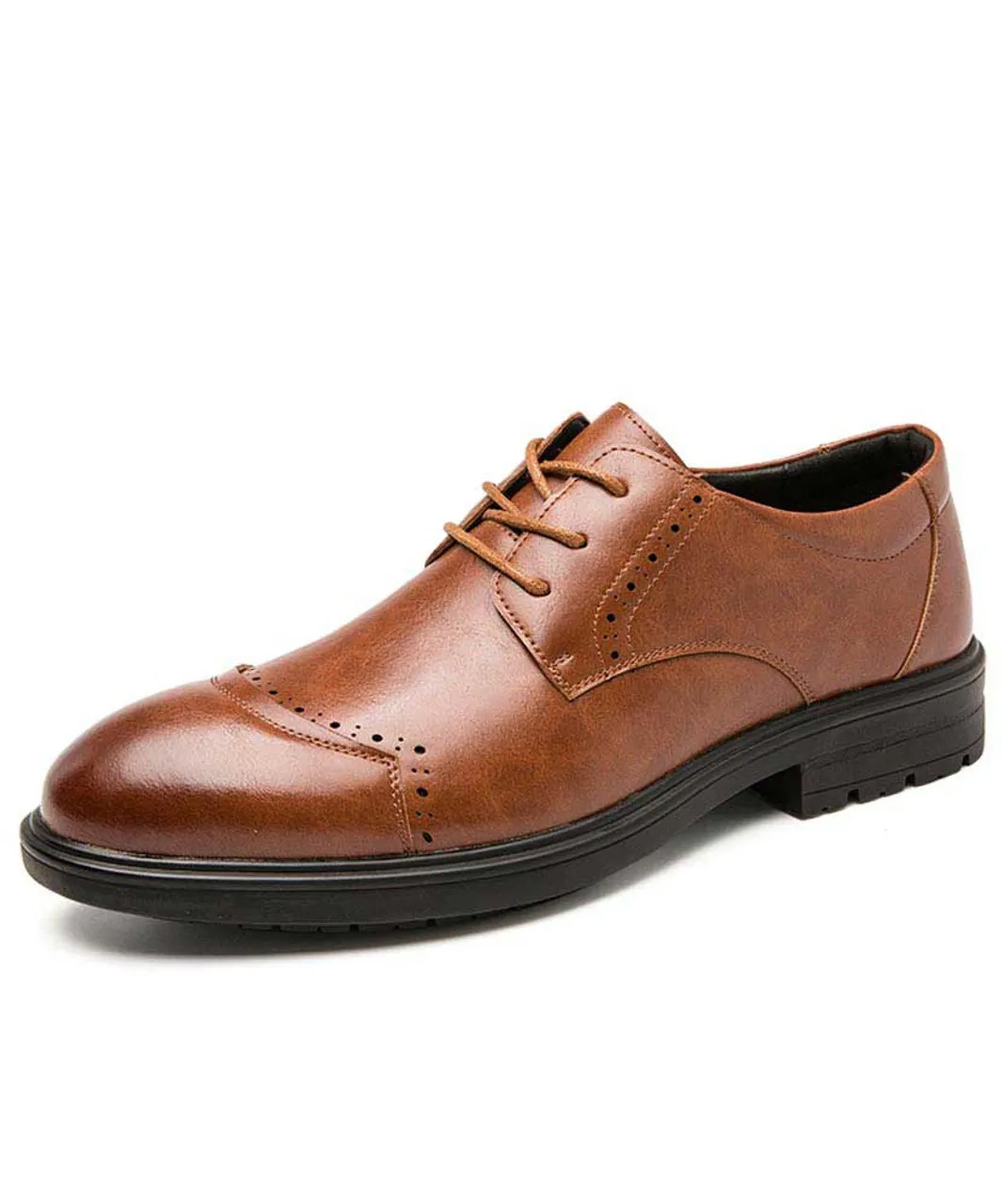 Brown brogue leather derby dress shoe curved toe