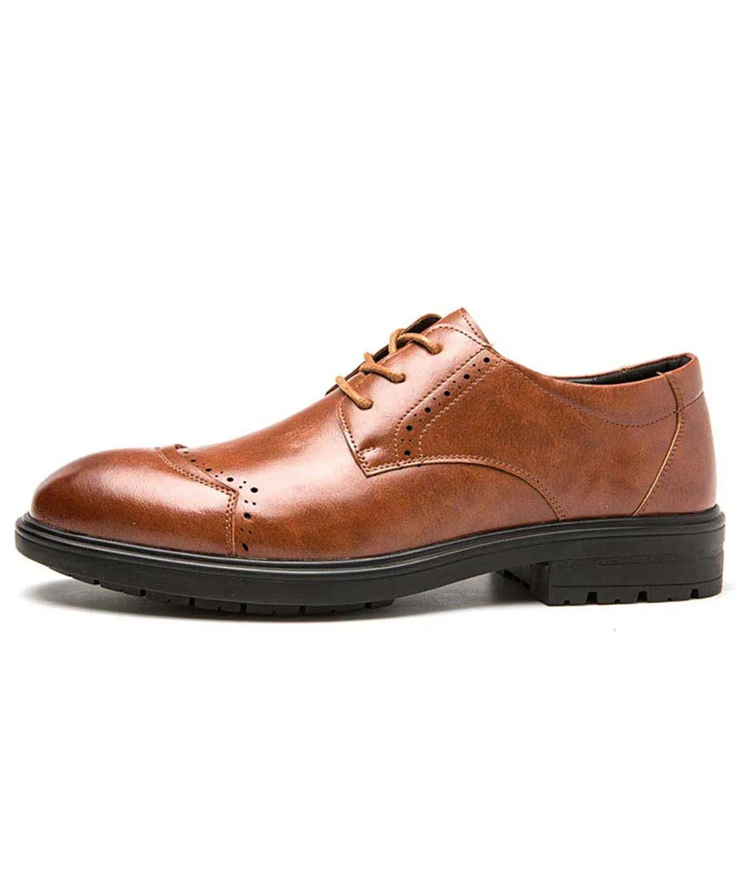 Brown brogue leather derby dress shoe curved toe