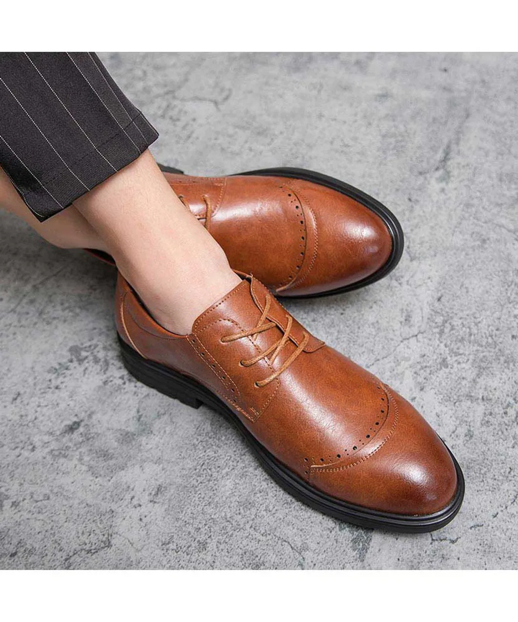 Brown brogue leather derby dress shoe curved toe