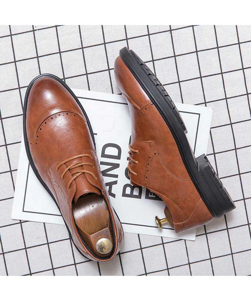 Brown brogue leather derby dress shoe curved toe