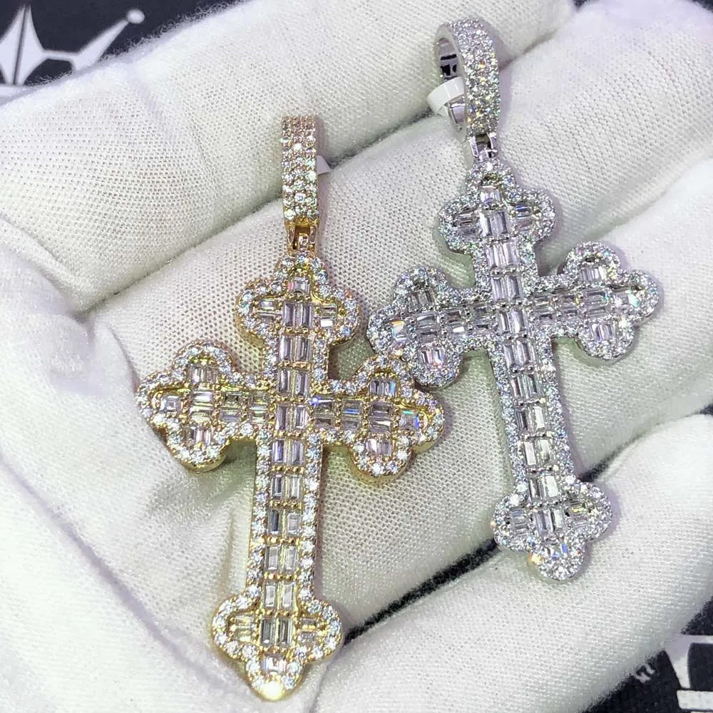 Budded Cross Baguette VVS CZ Hip Hop Iced Out Pendant