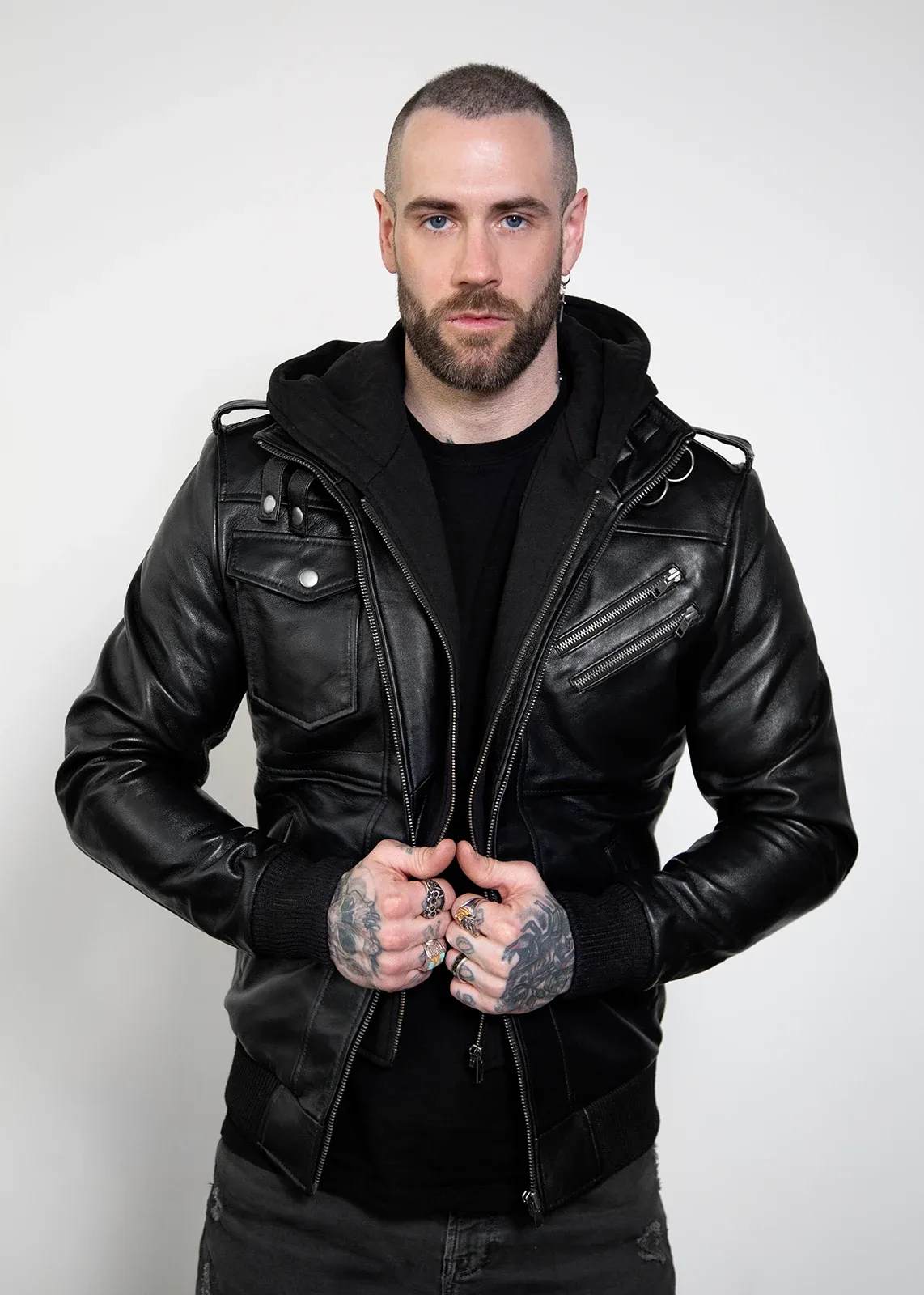 Buy Mens Onyx Black Hooded Leather Jacket | Luca Designs