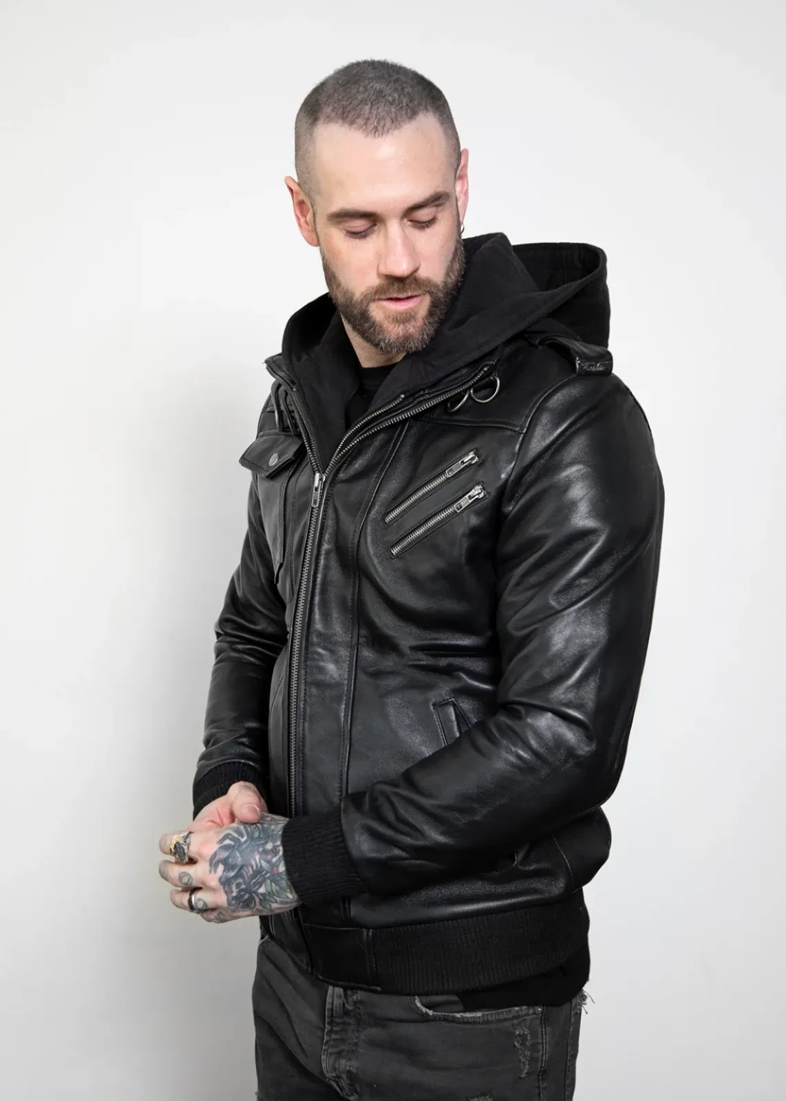 Buy Mens Onyx Black Hooded Leather Jacket | Luca Designs