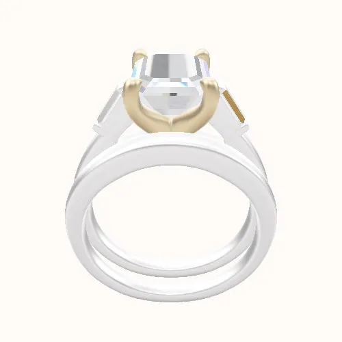 Cathedral Band with Baguette Sidestones Engagement Ring With Four Prong Head and Matching Band