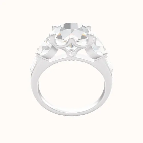 Cathedral Band with Round & Tapered Baguette Sidestones Engagement Ring With Crown Six Prong w. accent Diamond Head