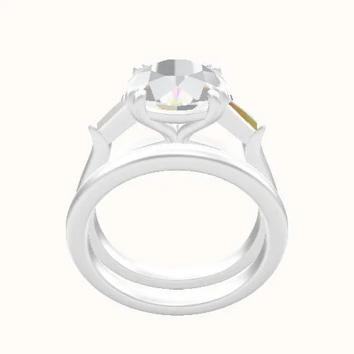 Cathedral Band with Tapered Baguette Sidestones Engagement Ring With Double Prongs Head and Matching Band