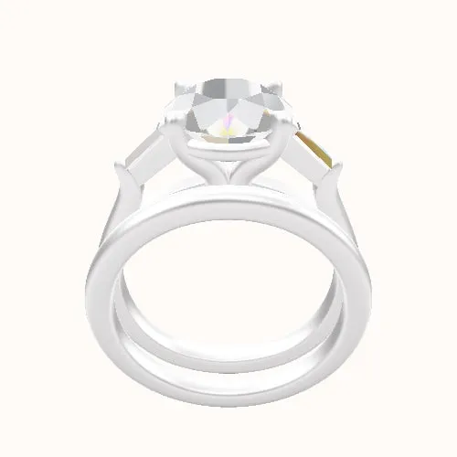 Cathedral Band with Tapered Baguette Sidestones Engagement Ring With Standard Four Prong Head and Matching Band