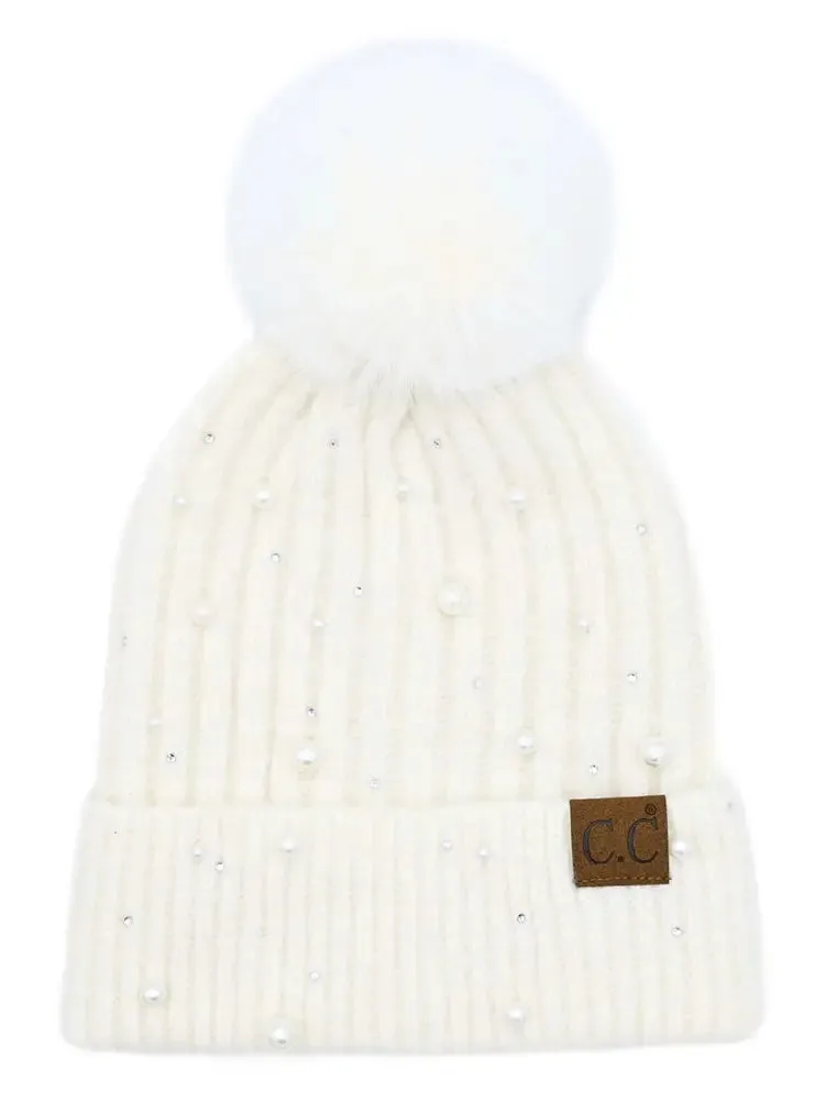 C.C Pearl Embellishments Pom Beanie