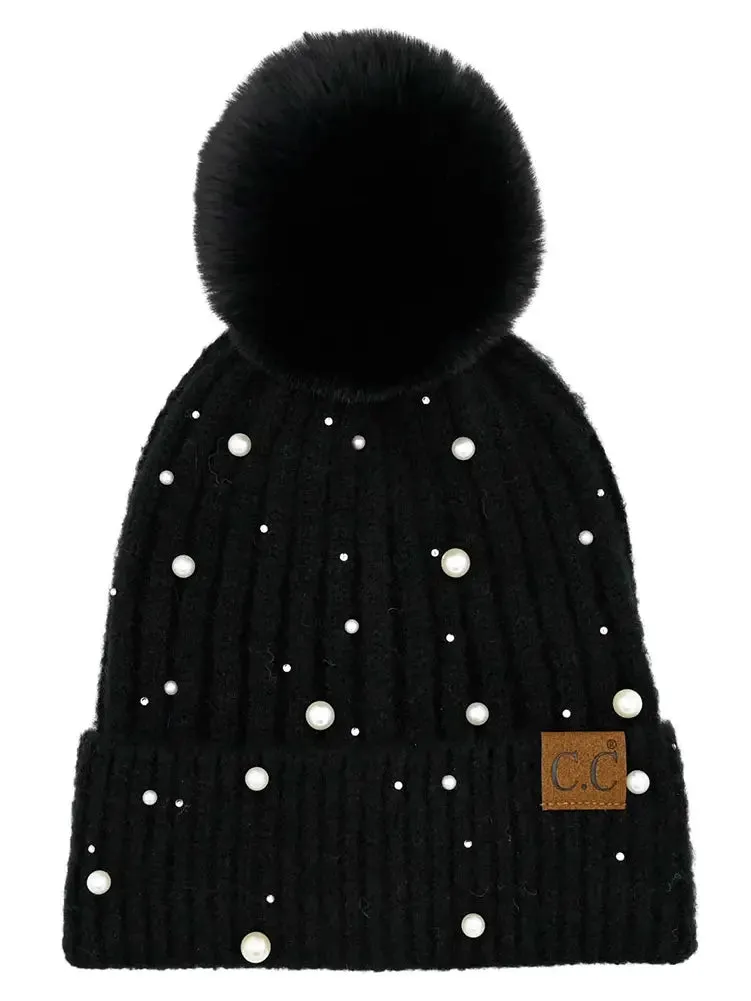 C.C Pearl Embellishments Pom Beanie