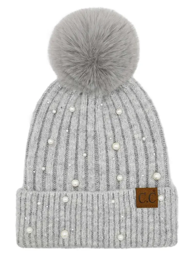 C.C Pearl Embellishments Pom Beanie