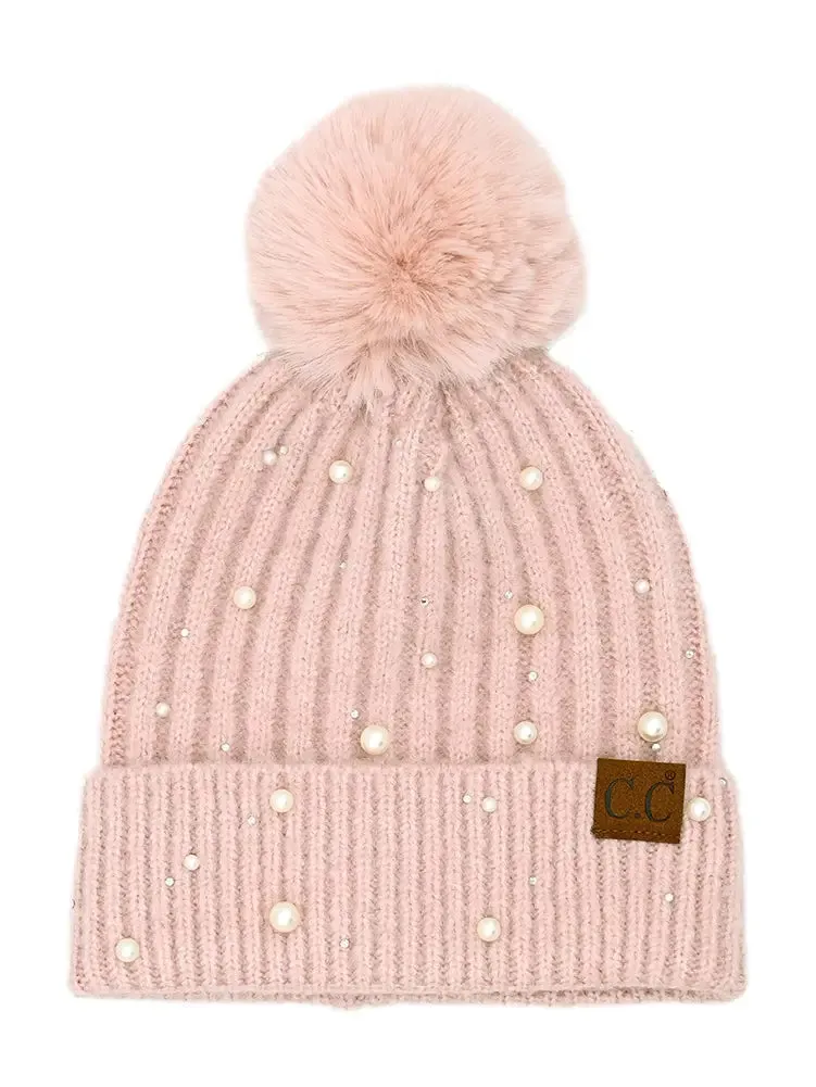 C.C Pearl Embellishments Pom Beanie