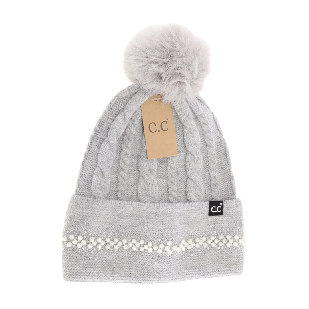 C.C Pearl Rhinestone Embellishment Pom Beanie