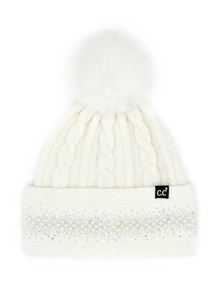 C.C Pearl Rhinestone Embellishment Pom Beanie