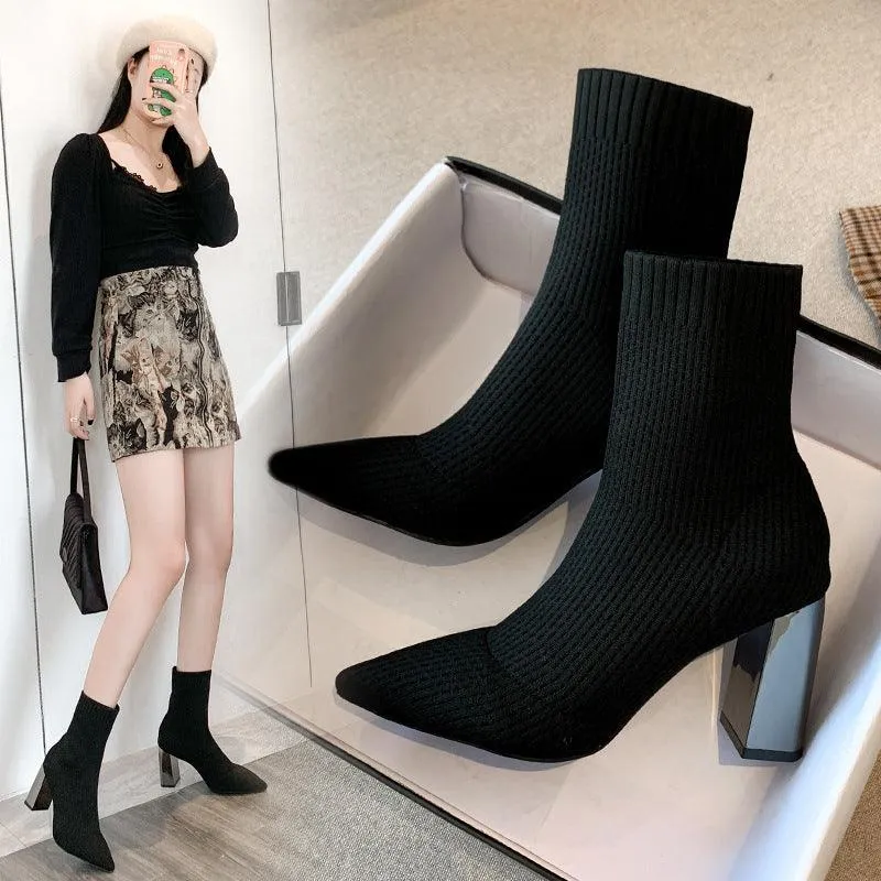 Chunky High Heels Socks Boots