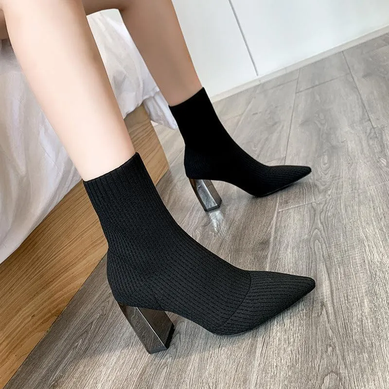 Chunky High Heels Socks Boots