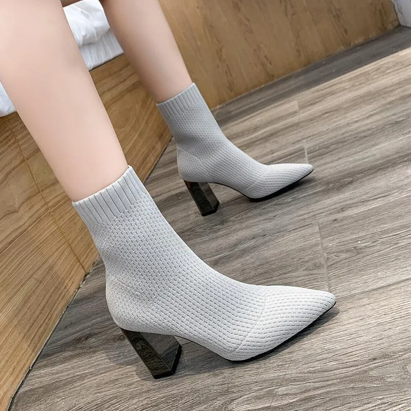 Chunky High Heels Socks Boots