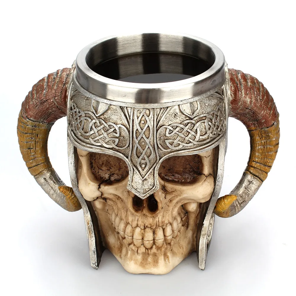 Creative Stainless Steel Double Layer Horns Helmet Skull Mug