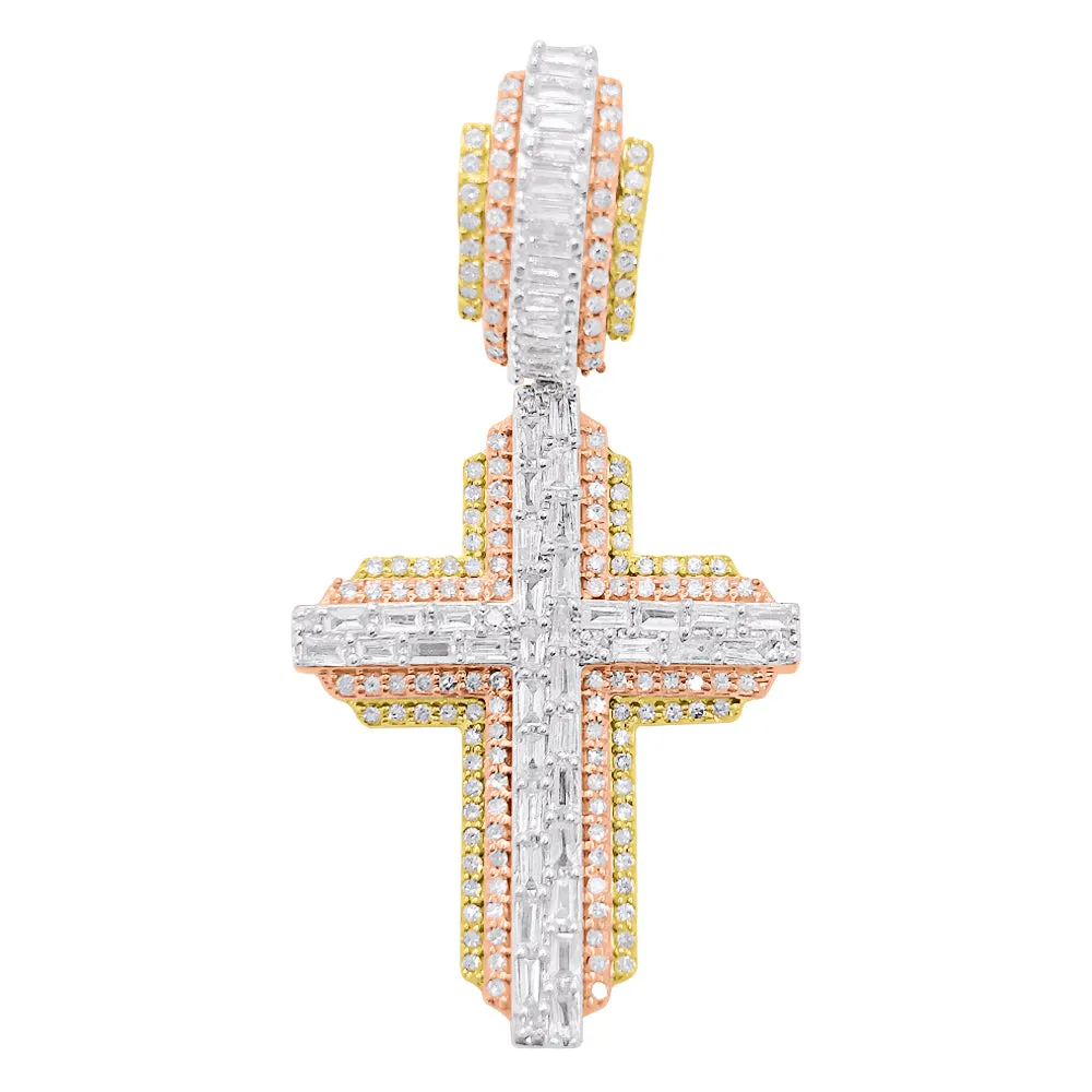 Cross Baguette Diamond Pendant 1.05cttw 3 Tone 10K Gold