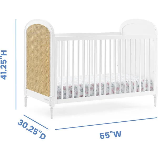 Delta Children Madeline 4-In-1 Convertible Crib Woven Cane Mesh Panels With Conversion Rails, Bianca White & Textured Almond