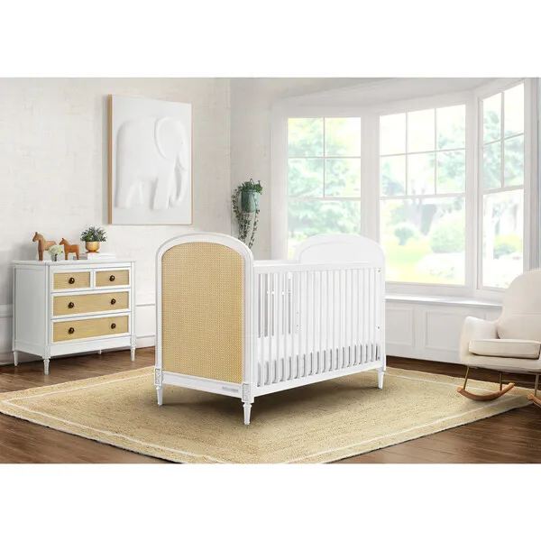 Delta Children Madeline 4-In-1 Convertible Crib Woven Cane Mesh Panels With Conversion Rails, Bianca White & Textured Almond