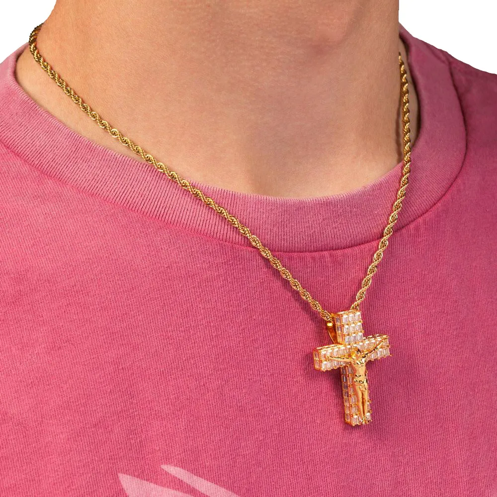 Diamond Baguette Crucifix Necklace Pendant & Rope Chain