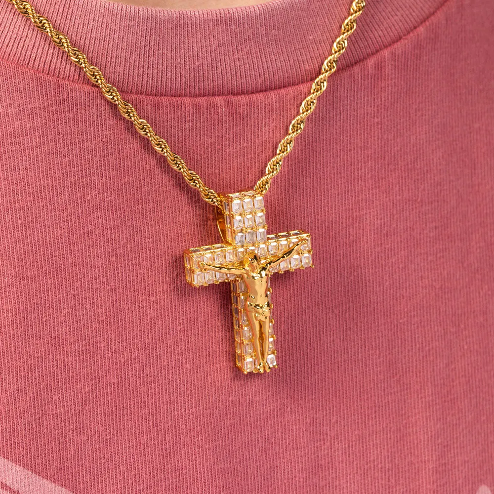 Diamond Baguette Crucifix Necklace Pendant & Rope Chain