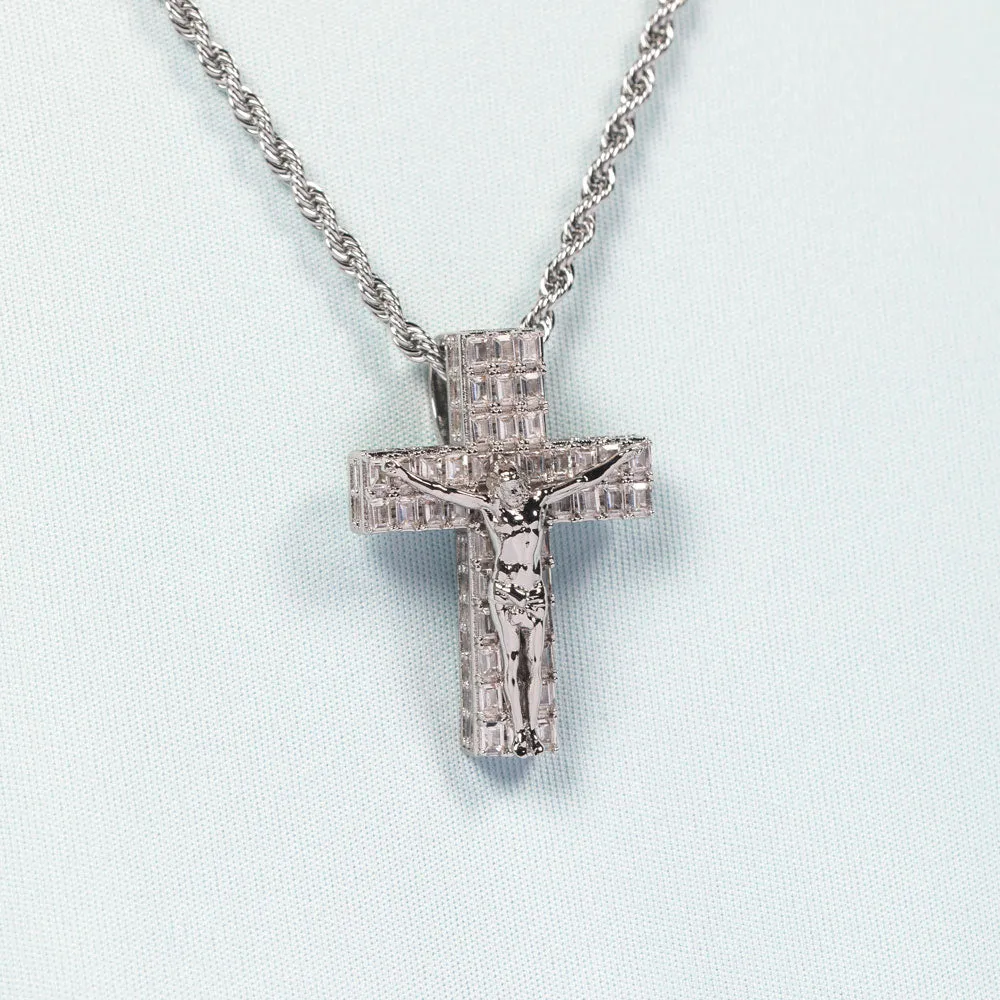 Diamond Baguette Crucifix Necklace Pendant & Rope Chain