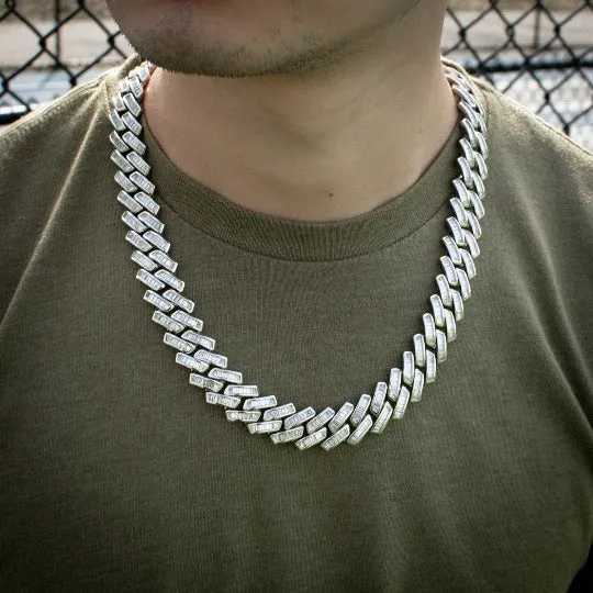 Diamond Baguette Cuban Link Chain (18mm) in White Gold