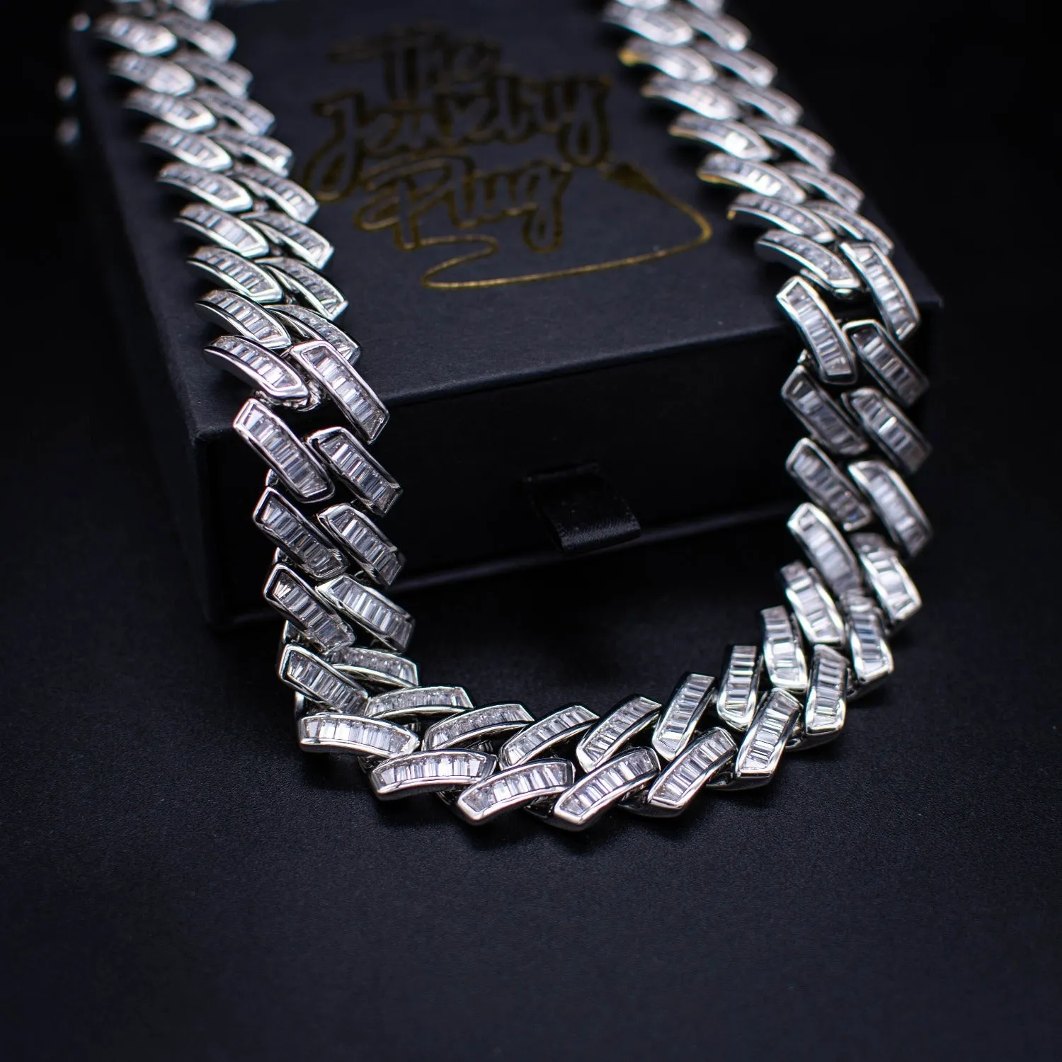 Diamond Baguette Cuban Link Chain (18mm) in White Gold