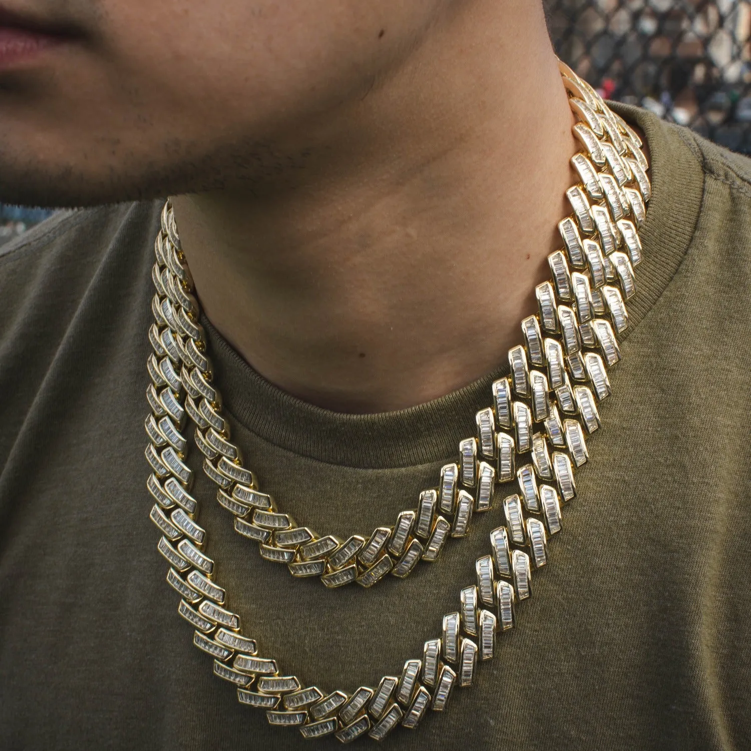 Diamond Baguette Cuban Link Chain (18mm) in Yellow Gold