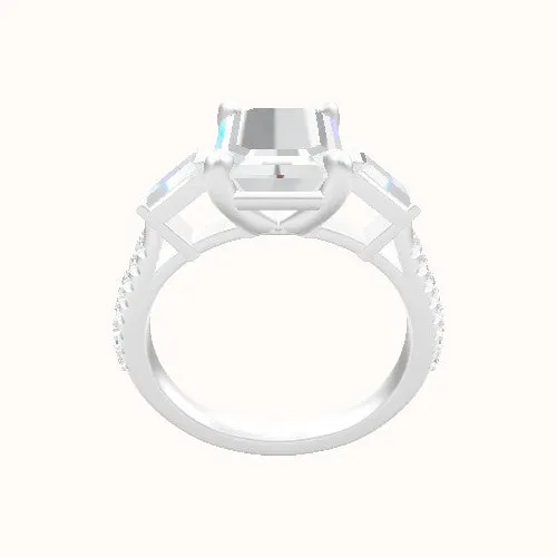 Diamond Band with Baguette Sidestones Engagement Ring With Low Set Four Prong Head