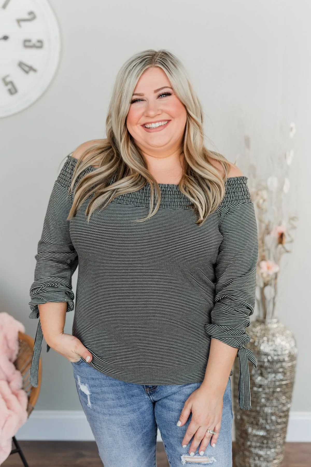 Dreaming of Stripes Off the Shoulder Top- Black & White