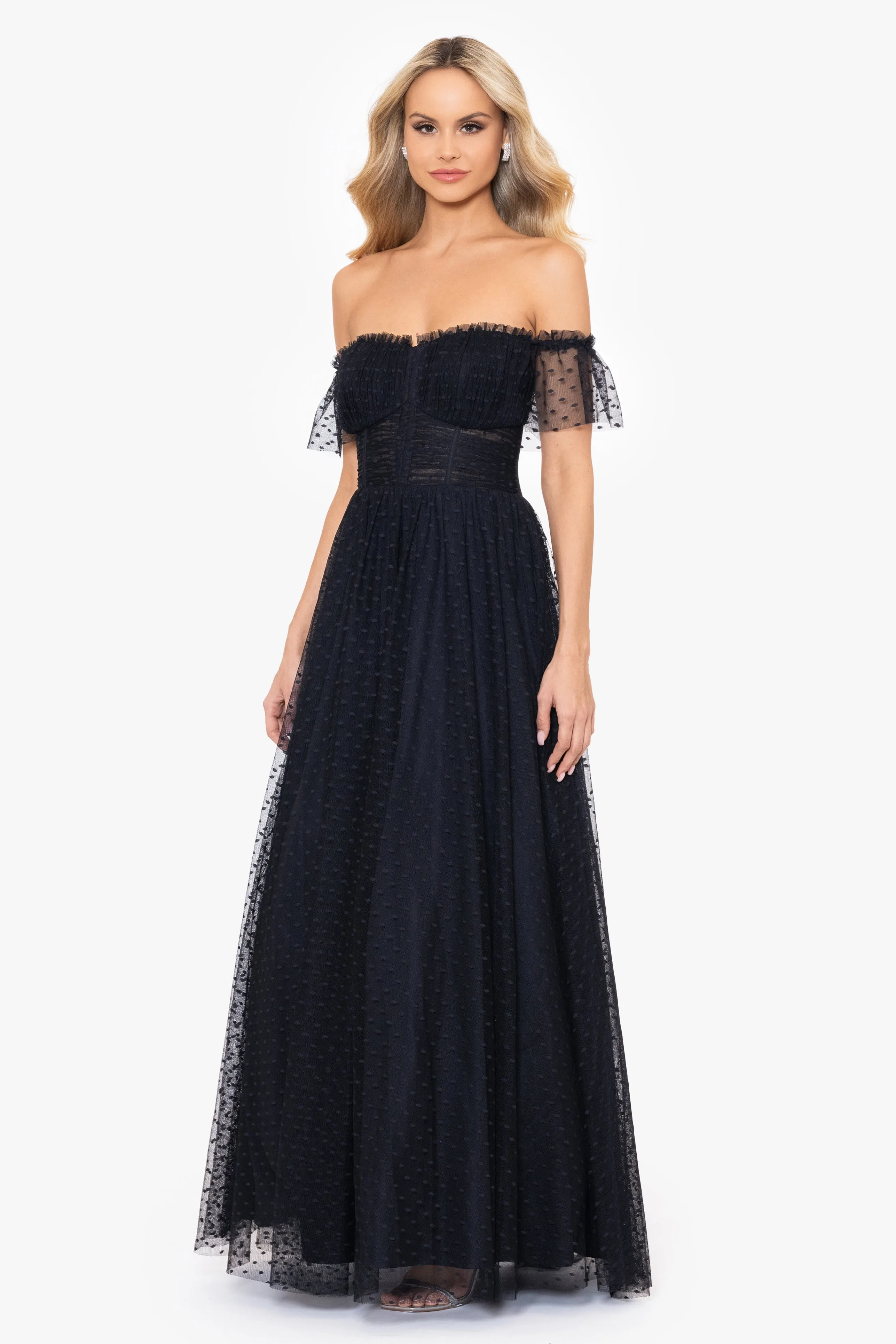 Edie Dot Mesh Off the Shoulder Ballgown