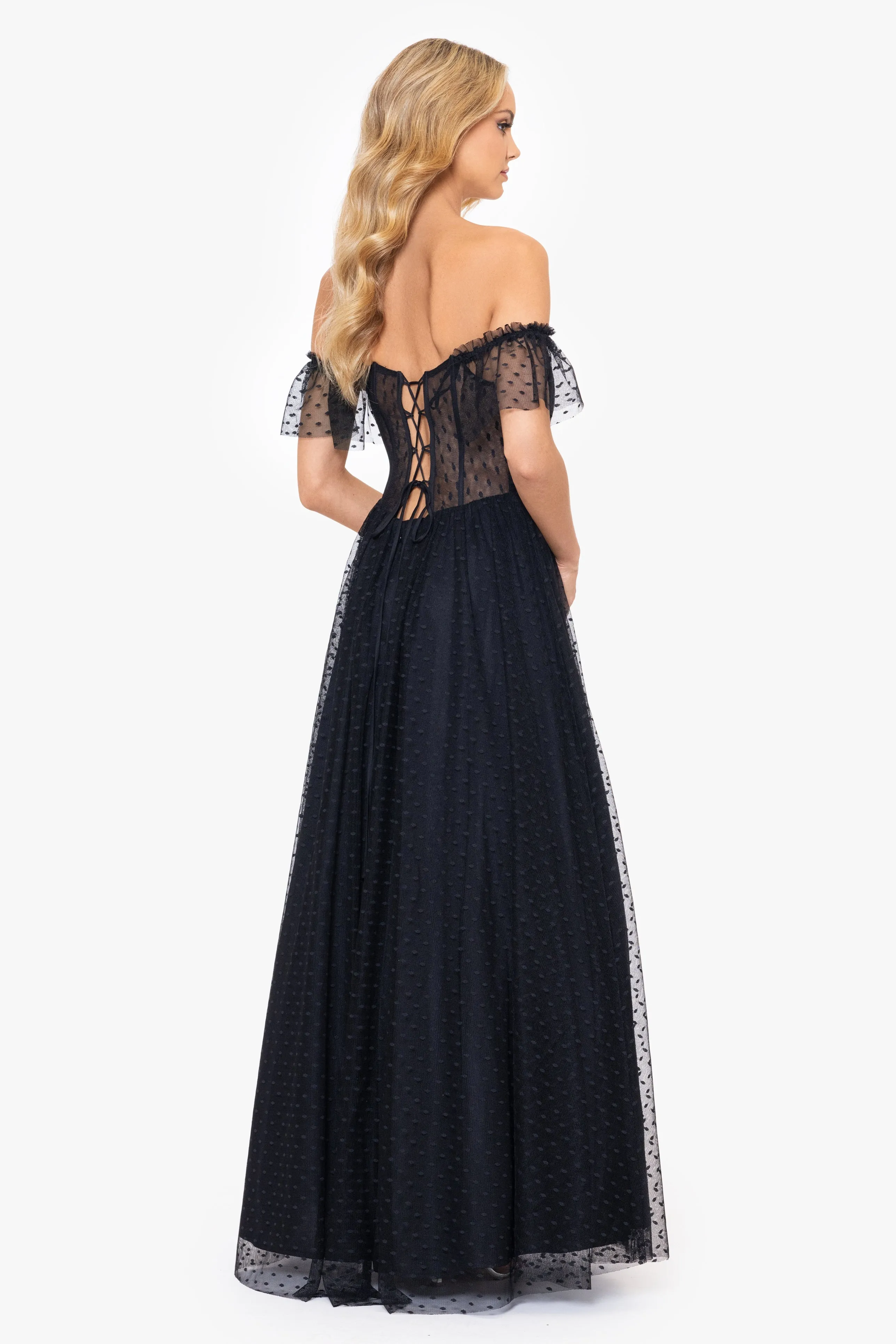 Edie Dot Mesh Off the Shoulder Ballgown