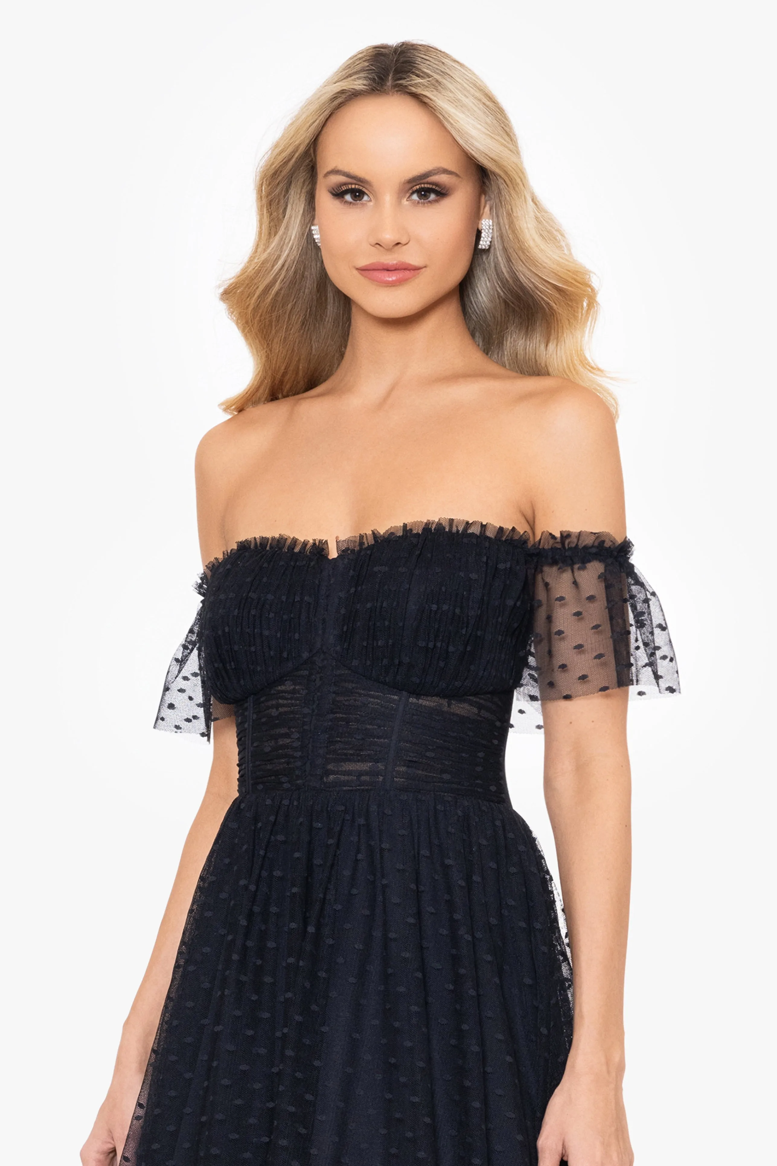 Edie Dot Mesh Off the Shoulder Ballgown