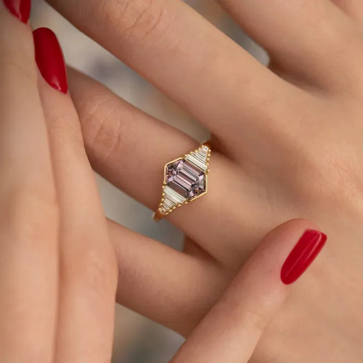 Elongated Hexagon Lilac Spinel & Baguette Diamond Ring