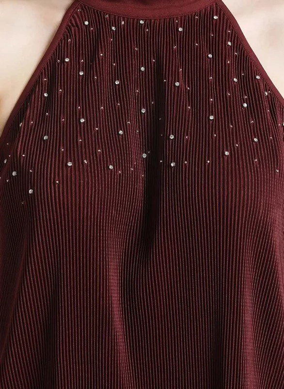 Embellished & Pleated Halter Neck Top