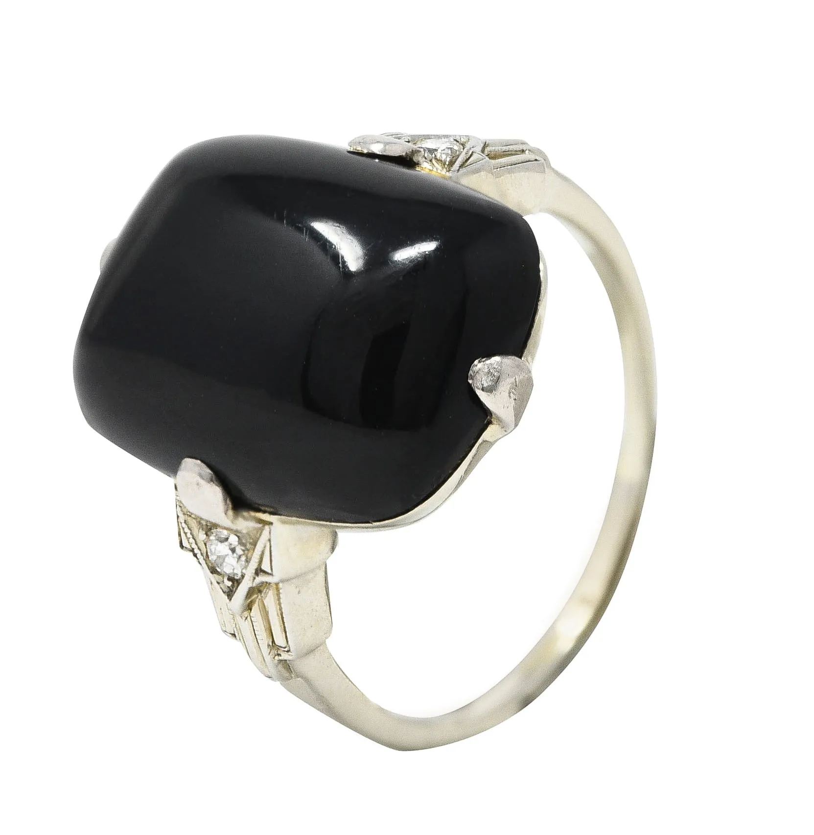 Felger Art Deco Cushion Onyx Diamond 14 Karat White Gold Stepped Shoulder Ring