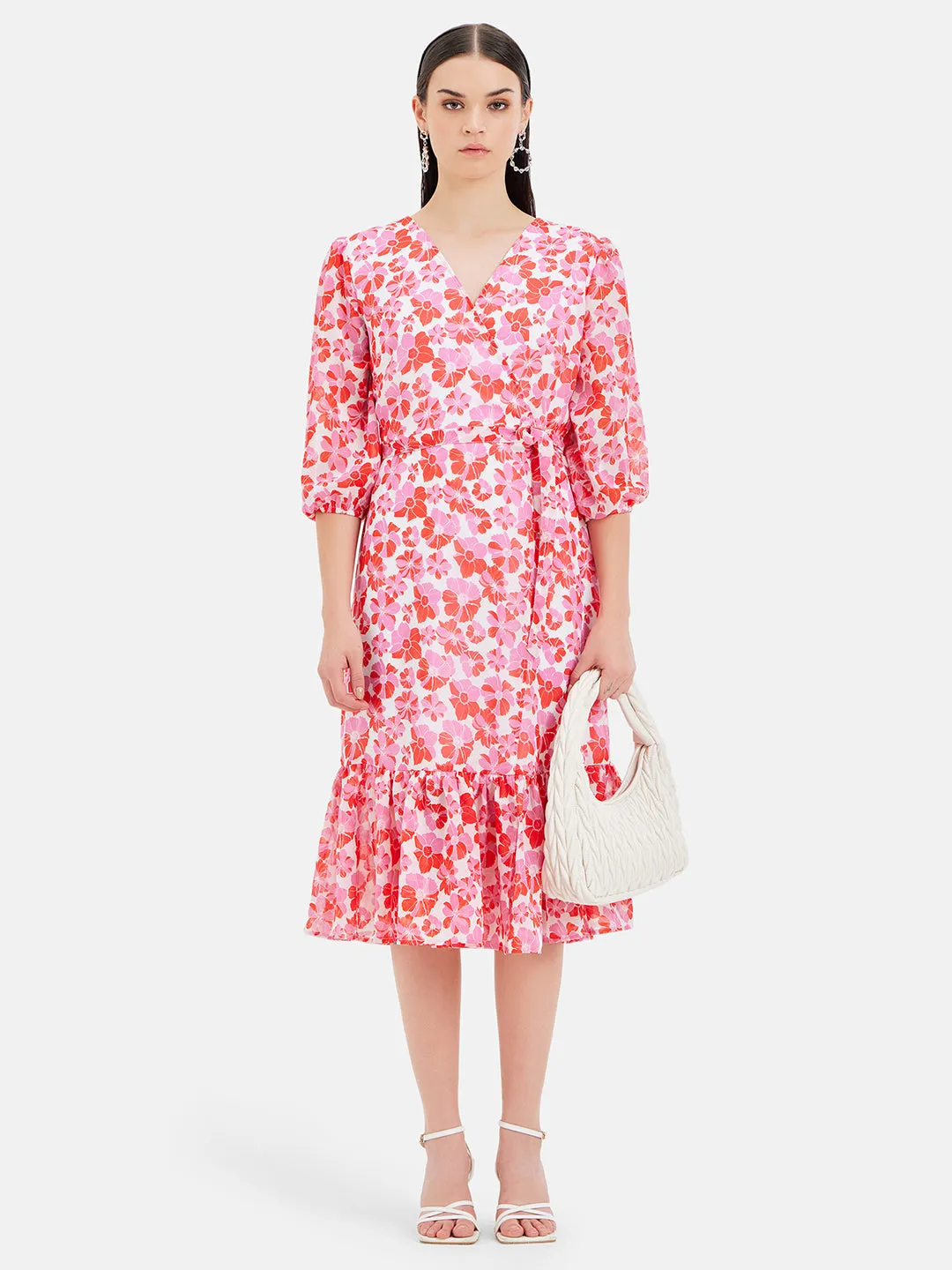 Floral Puff Sleeves Midi Dress